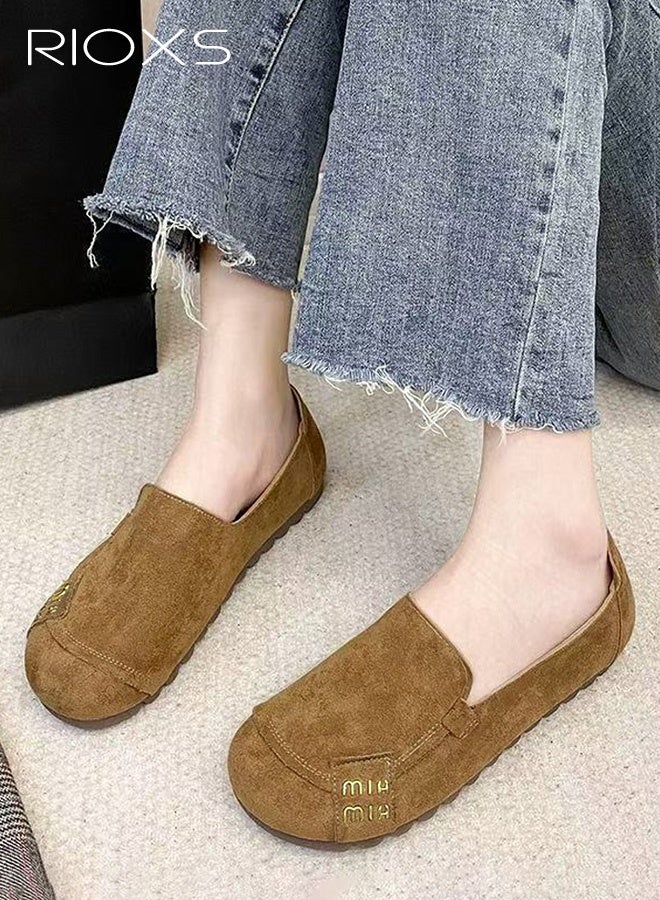 ريوكس حذاء نسائي مريح بدون أربطة، حذاء مسطح كاجوال من الجلد المدبوغ برقبة مستديرة، حذاء منخفض برقبة سميكة ونعل مطاطي، تصميم بسيط متعدد الطبقات بلون موحد، قطعة أساسية متعددة الاستخدامات، مريح للارتداء اليومي، كاكي - Image 5